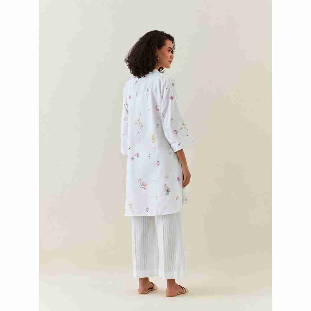 Anantaa by Roohi Trehan White Botanical Print Mid Length Cotton Linen Kurta With Yoke Placket