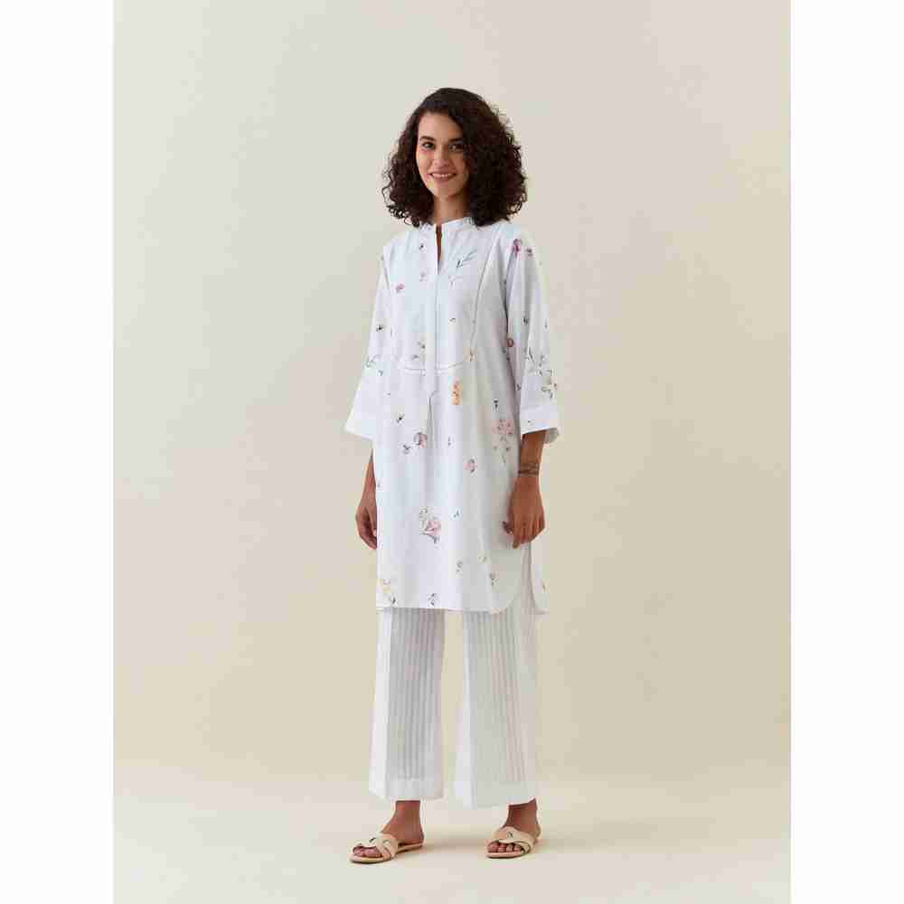 Anantaa by Roohi Trehan White Botanical Print Mid Length Cotton Linen Kurta With Yoke Placket