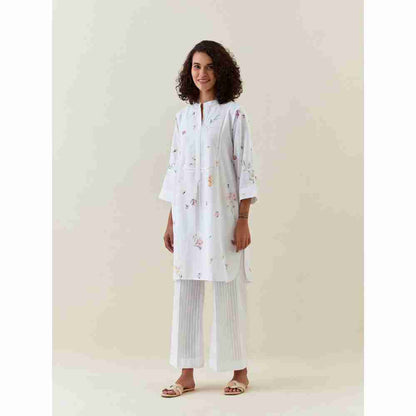 Anantaa by Roohi Trehan White Botanical Print Mid Length Cotton Linen Kurta With Yoke Placket