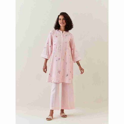 Anantaa by Roohi Trehan Pink Botanical Print Mid Length Cotton Linen Kurta With Yoke Placket