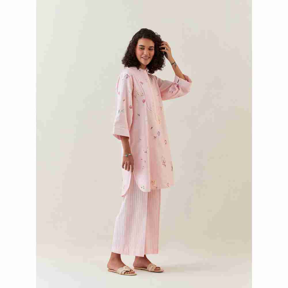 Anantaa by Roohi Trehan Pink Botanical Print Mid Length Cotton Linen Kurta With Yoke Placket