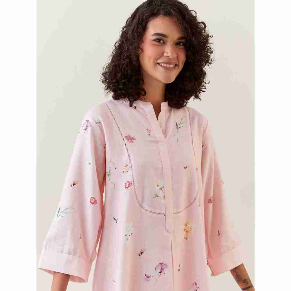 Anantaa by Roohi Trehan Pink Botanical Print Mid Length Cotton Linen Kurta With Yoke Placket
