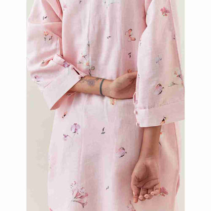 Anantaa by Roohi Trehan Pink Botanical Print Mid Length Cotton Linen Kurta With Yoke Placket