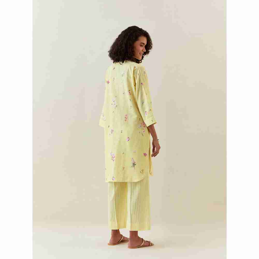 Anantaa by Roohi Trehan Yellow Botanical Print Mid Length Cotton Linen Kurta With Yoke Placket