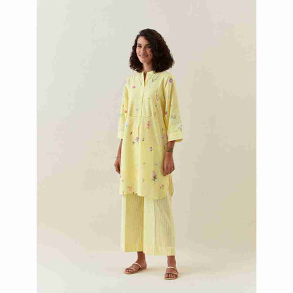 Anantaa by Roohi Trehan Yellow Botanical Print Mid Length Cotton Linen Kurta With Yoke Placket