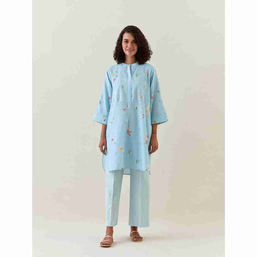 Anantaa by Roohi Trehan Blue Botanical Print Mid Length Cotton Linen Kurta With Yoke Placket