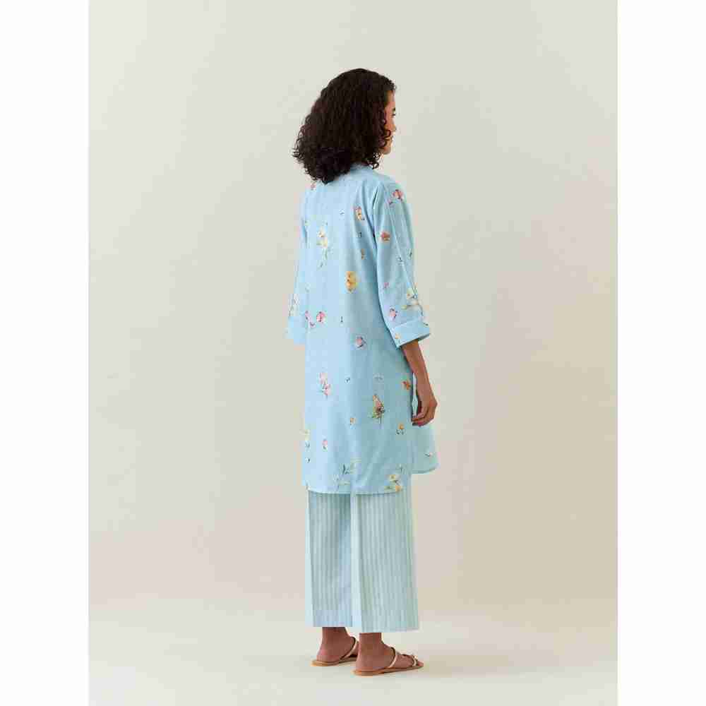 Anantaa by Roohi Trehan Blue Botanical Print Mid Length Cotton Linen Kurta With Yoke Placket