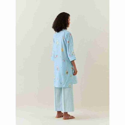Anantaa by Roohi Trehan Blue Botanical Print Mid Length Cotton Linen Kurta With Yoke Placket