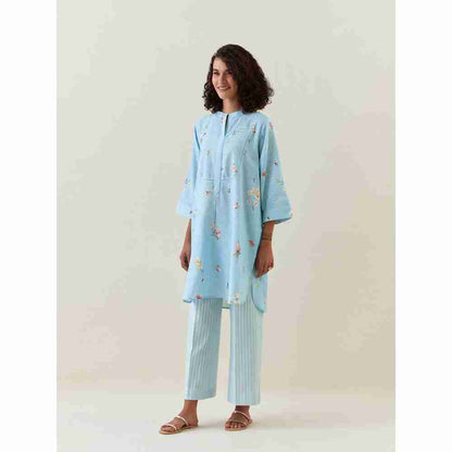 Anantaa by Roohi Trehan Blue Botanical Print Mid Length Cotton Linen Kurta With Yoke Placket