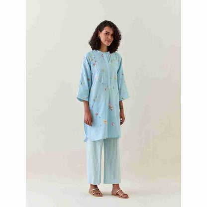 Anantaa by Roohi Trehan Blue Botanical Print Mid Length Cotton Linen Kurta With Yoke Placket