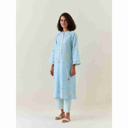 Anantaa by Roohi Trehan Blue Botanical Print Cotton Linen Kurta With Net Placket