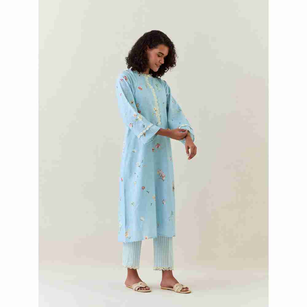 Anantaa by Roohi Trehan Blue Botanical Print Cotton Linen Kurta With Net Placket