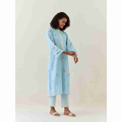 Anantaa by Roohi Trehan Blue Botanical Print Cotton Linen Kurta With Net Placket