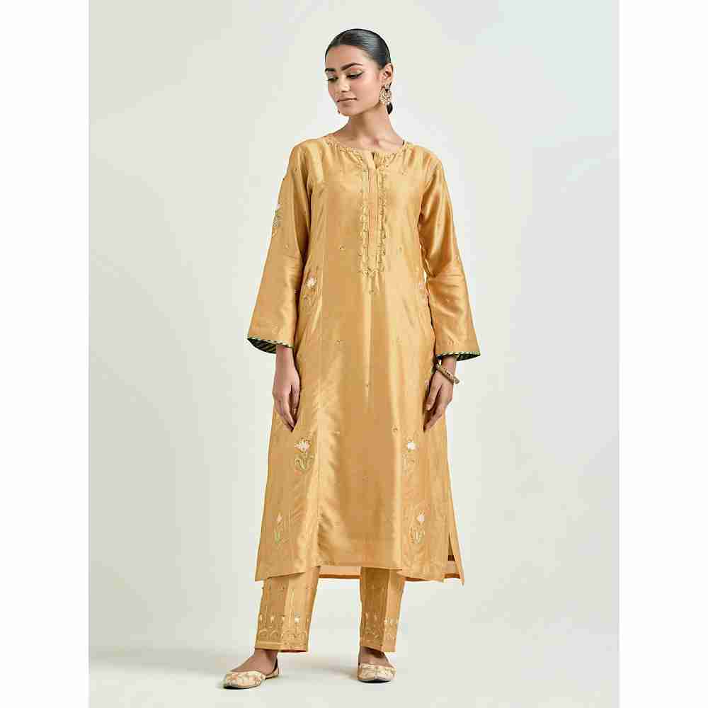 Anantaa by Roohi Trehan Mustard Hand Embroidered Silk Chanderi Kurta with Gota