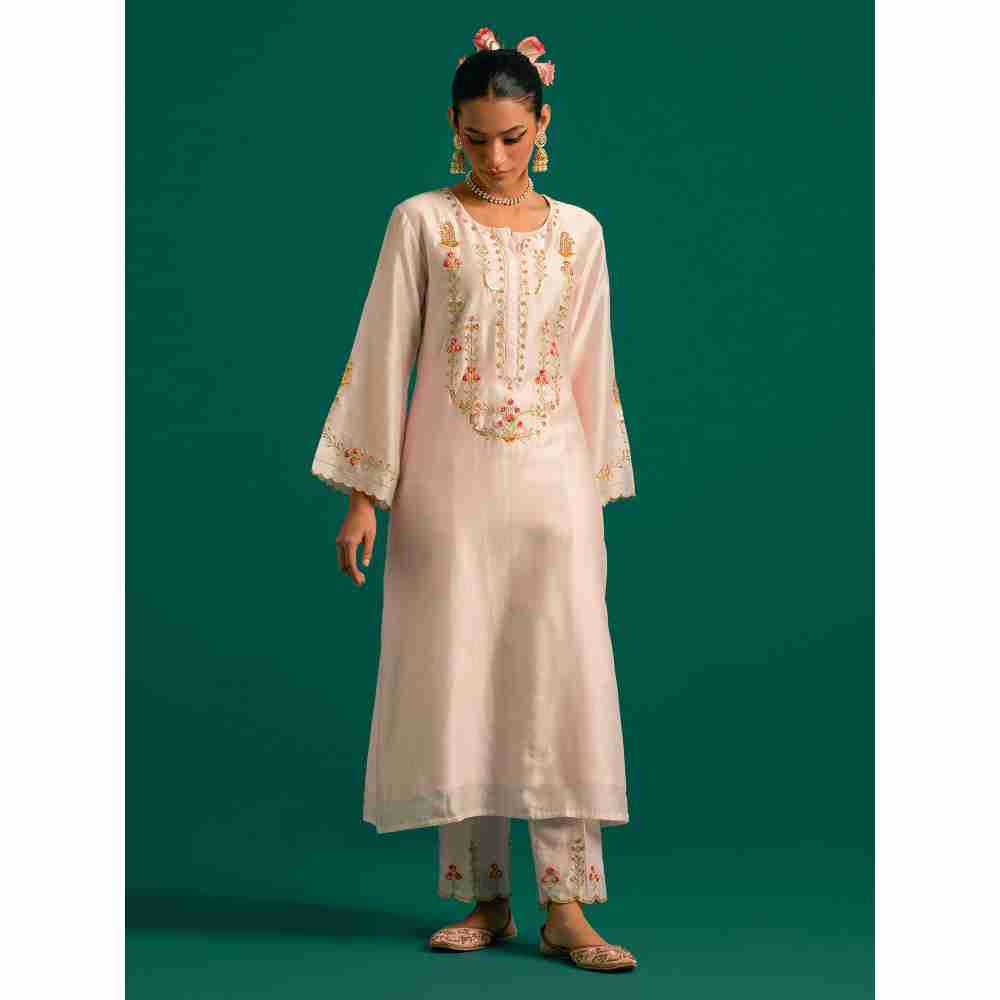 Anantaa By Roohi Trehan Pink Hand Embroidered Thread Work Silk Chanderi Kurta