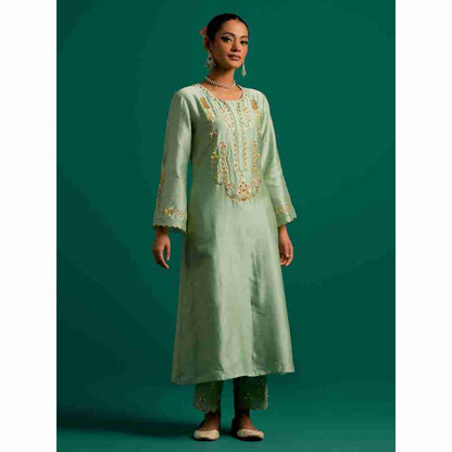 Anantaa By Roohi Trehan Green Hand Embroidered Thread Work Silk Chanderi Kurta