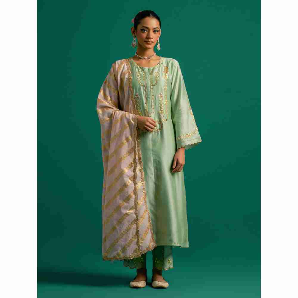 Anantaa By Roohi Trehan Green Hand Embroidered Thread Work Silk Chanderi Kurta
