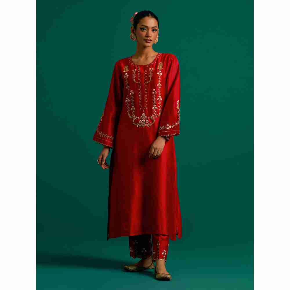 Anantaa By Roohi Trehan Red Hand Embroidered Thread Work Silk Chanderi Kurta