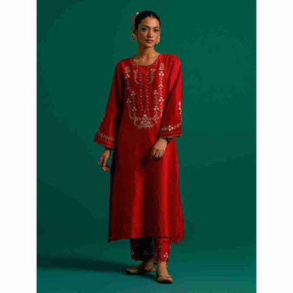 Anantaa By Roohi Trehan Red Hand Embroidered Thread Work Silk Chanderi Kurta