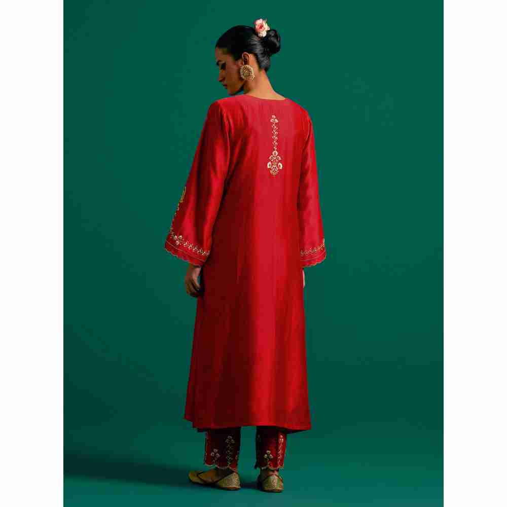 Anantaa By Roohi Trehan Red Hand Embroidered Thread Work Silk Chanderi Kurta