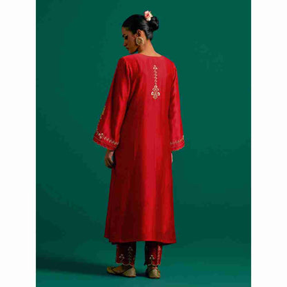 Anantaa By Roohi Trehan Red Hand Embroidered Thread Work Silk Chanderi Kurta