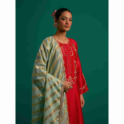 Anantaa By Roohi Trehan Red Hand Embroidered Thread Work Silk Chanderi Kurta
