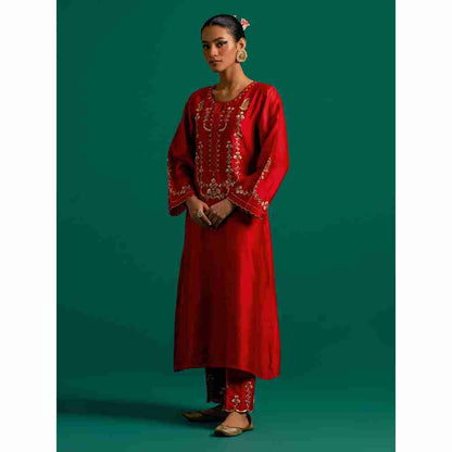Anantaa By Roohi Trehan Red Hand Embroidered Thread Work Silk Chanderi Kurta