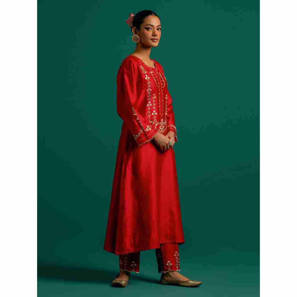Anantaa By Roohi Trehan Red Hand Embroidered Thread Work Silk Chanderi Kurta