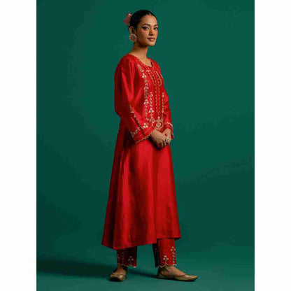 Anantaa By Roohi Trehan Red Hand Embroidered Thread Work Silk Chanderi Kurta