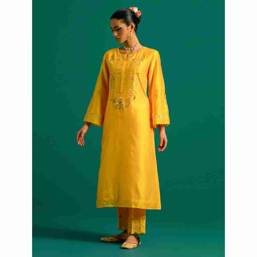 Anantaa By Roohi Trehan Yellow Hand Embroidered Thread Work Silk Chanderi Kurta