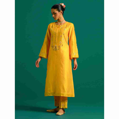 Anantaa By Roohi Trehan Yellow Hand Embroidered Thread Work Silk Chanderi Kurta