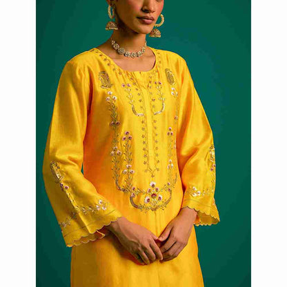 Anantaa By Roohi Trehan Yellow Hand Embroidered Thread Work Silk Chanderi Kurta