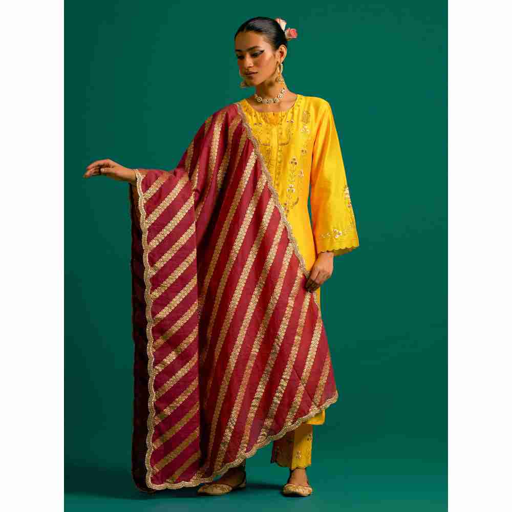 Anantaa By Roohi Trehan Yellow Hand Embroidered Thread Work Silk Chanderi Kurta