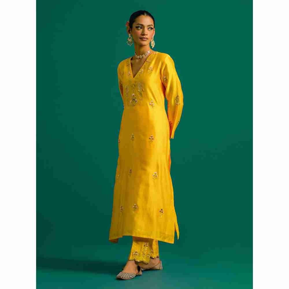 Anantaa By Roohi Trehan Yellow V Neck Hand Embroidered Thread Work Silk Chanderi Kurta