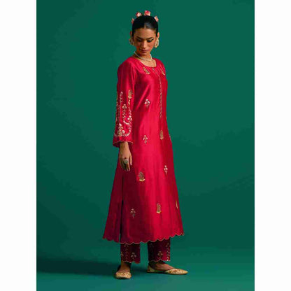 Anantaa By Roohi Trehan Red Hand Embroidered Thread Work Silk Chanderi Kurta