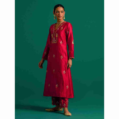 Anantaa By Roohi Trehan Red Hand Embroidered Thread Work Silk Chanderi Pant