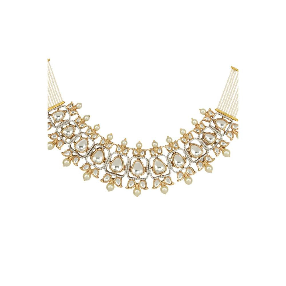Auraa Trends 22 Kt Gold Plated Necklace Set with Kundan Polki and Pearls