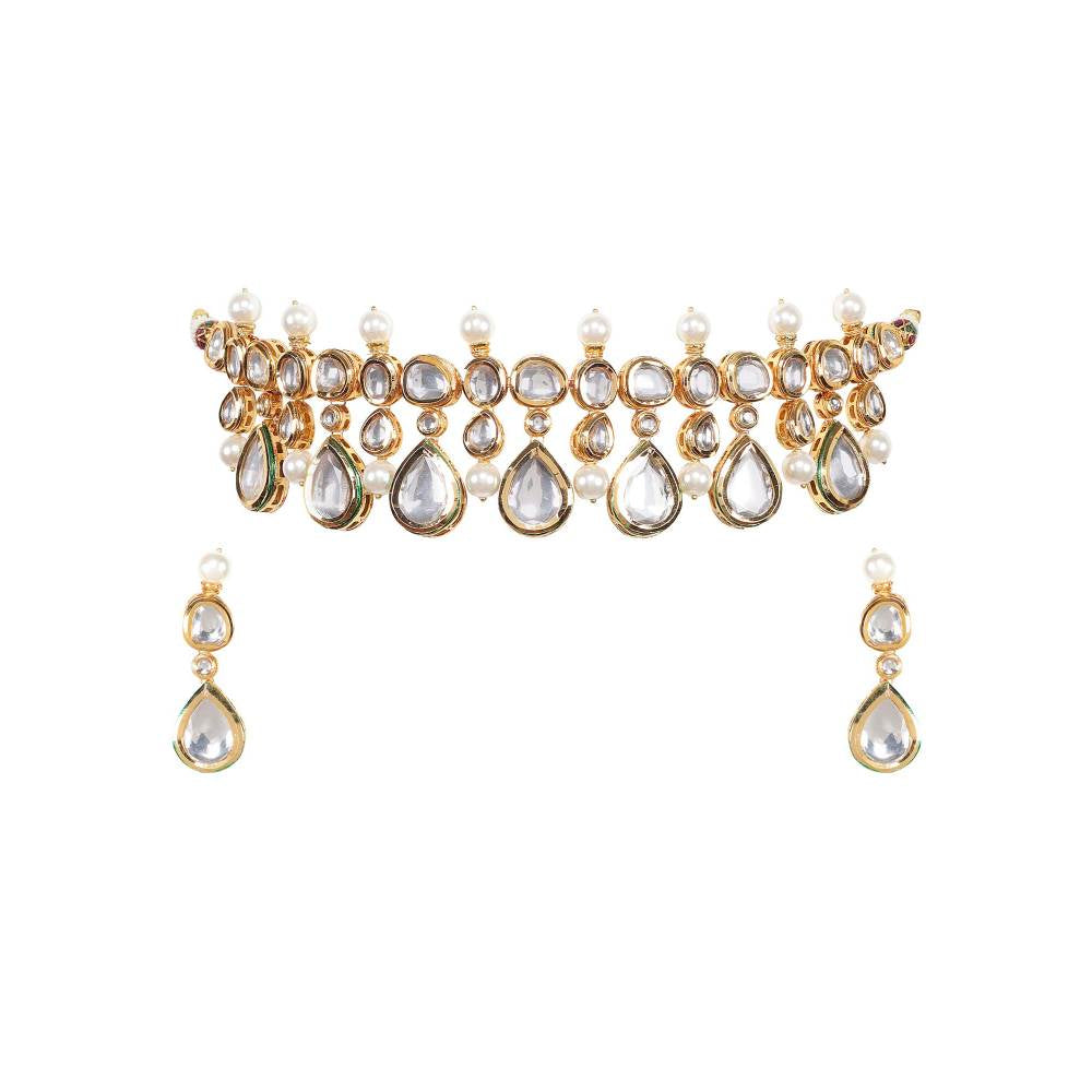 Auraa Trends 22KT Gold Plated Kundan Traditional Handcrafted Ston Necklace Set