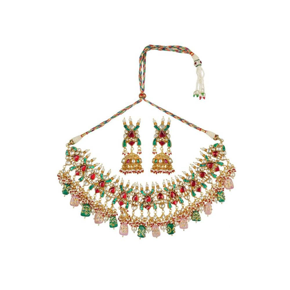 Auraa Trends 22Kt Gold Plated Kundan Traditional Multi-Color Necklace Set