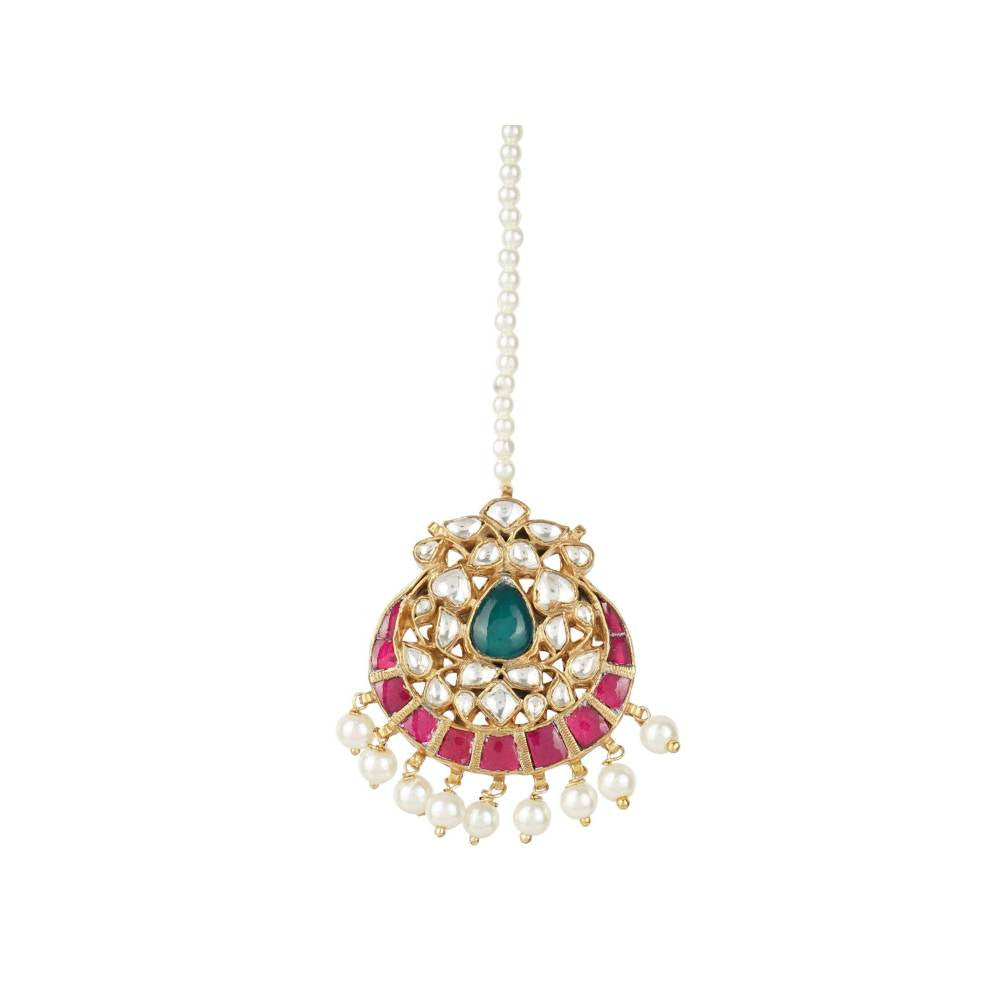 Auraa Trends 22KT Gold Plated Kundan Traditional Multi-Color Maangtika