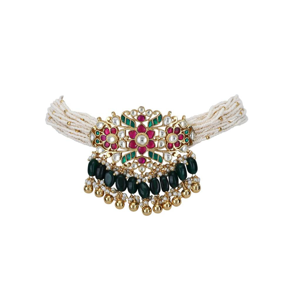 Auraa Trends 22Kt Gold Plated Kundan Red and Green Choker Necklace Set for Women and Girls