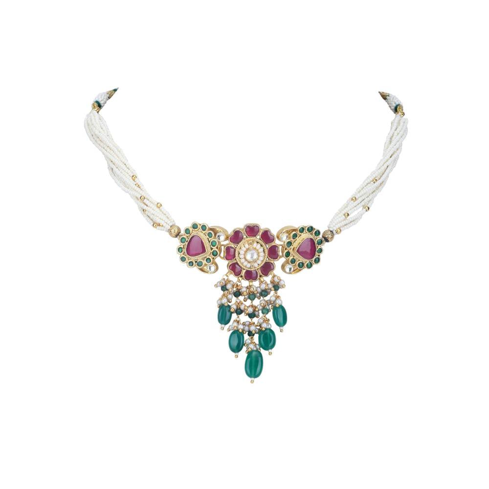 Auraa Trends 22Kt Gold Plated Kundan Red and Green Choker Necklace Set for Women and Girls
