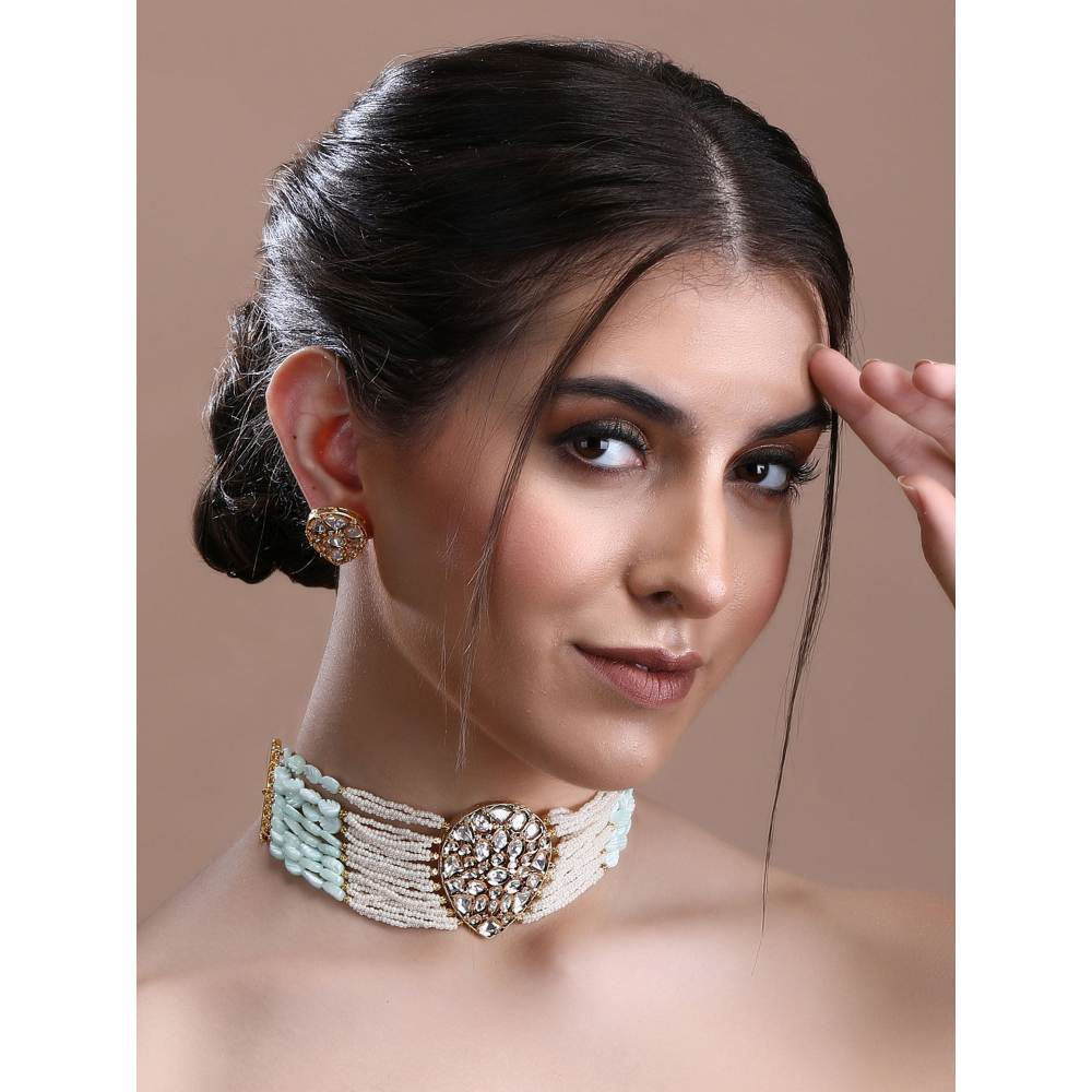 Auraa Trends 22KT Gold Plated Kundan Elegant Blue Necklace Set for Women