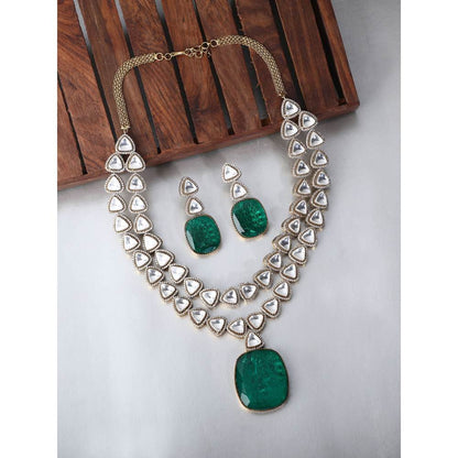 Auraa Trends Rhodium Plated American Diamond Zircon Green Necklace Set for Women
