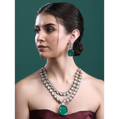 Auraa Trends Rhodium Plated American Diamond Zircon Green Necklace Set for Women