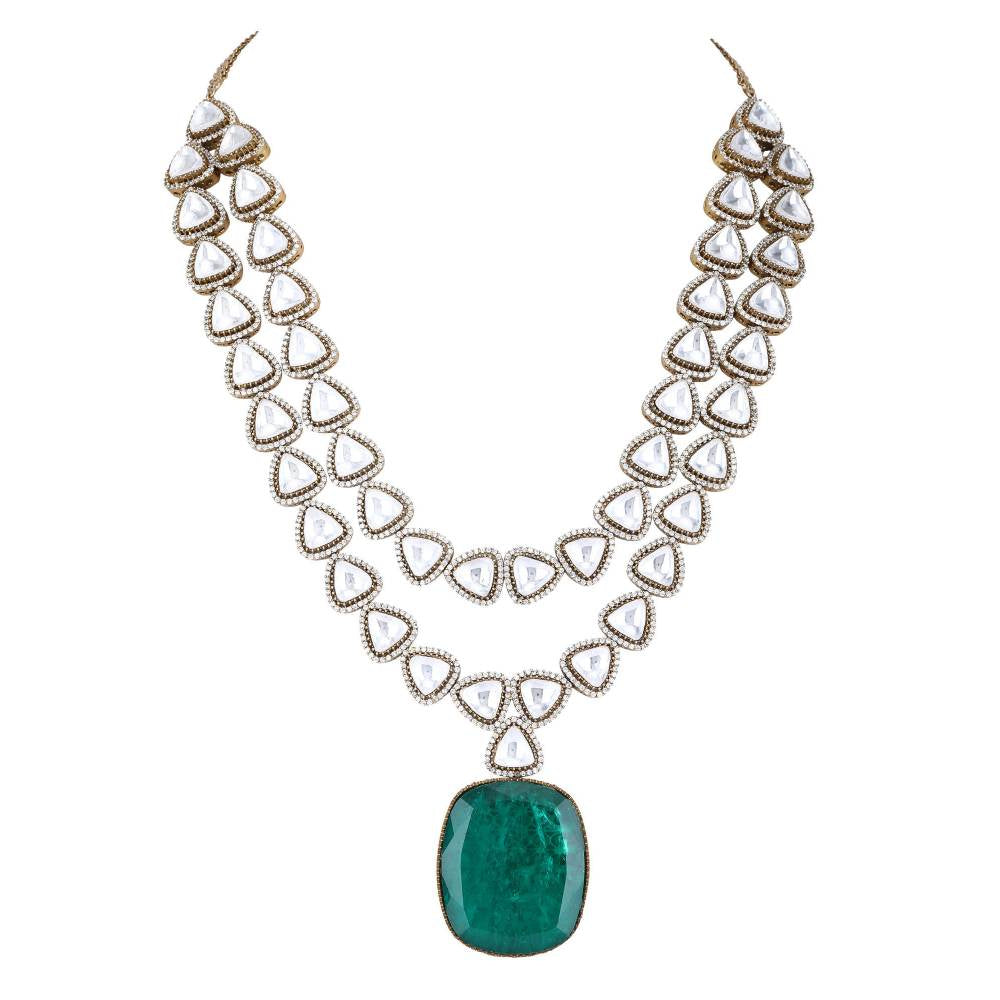 Auraa Trends Rhodium Plated American Diamond Zircon Green Necklace Set for Women