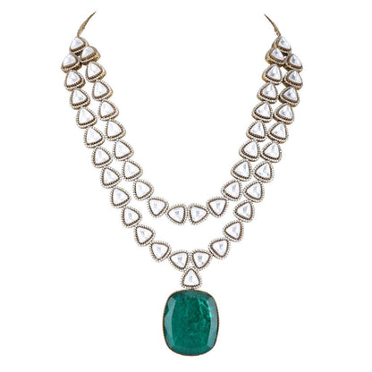 Auraa Trends Rhodium Plated American Diamond Zircon Green Necklace Set for Women
