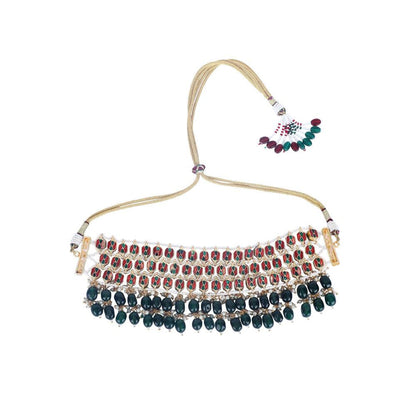 Auraa Trends 22KT Gold Plated Kundan Elegant Green Necklace Set for Women