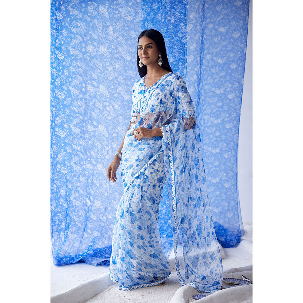 Baise Gaba White Sheesh Organza Saree with Unstitched