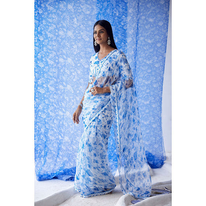 Baise Gaba White Sheesh Organza Saree with Unstitched